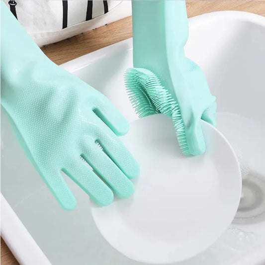 Reusable Silicone Dishwashing Gloves with Scrubber