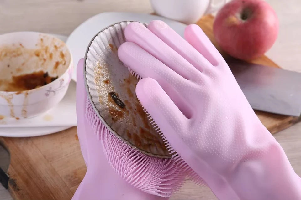 Reusable Silicone Dishwashing Gloves with Scrubber