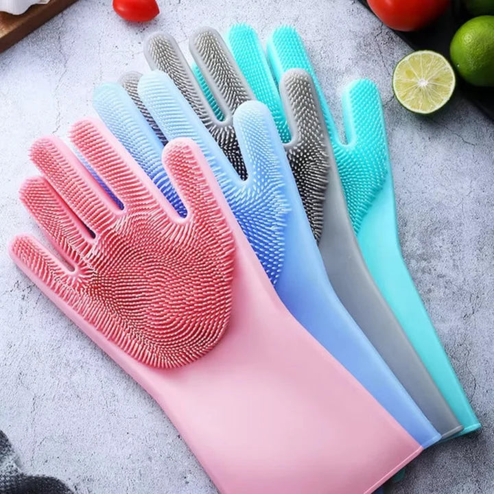 Reusable Silicone Dishwashing Gloves with Scrubber